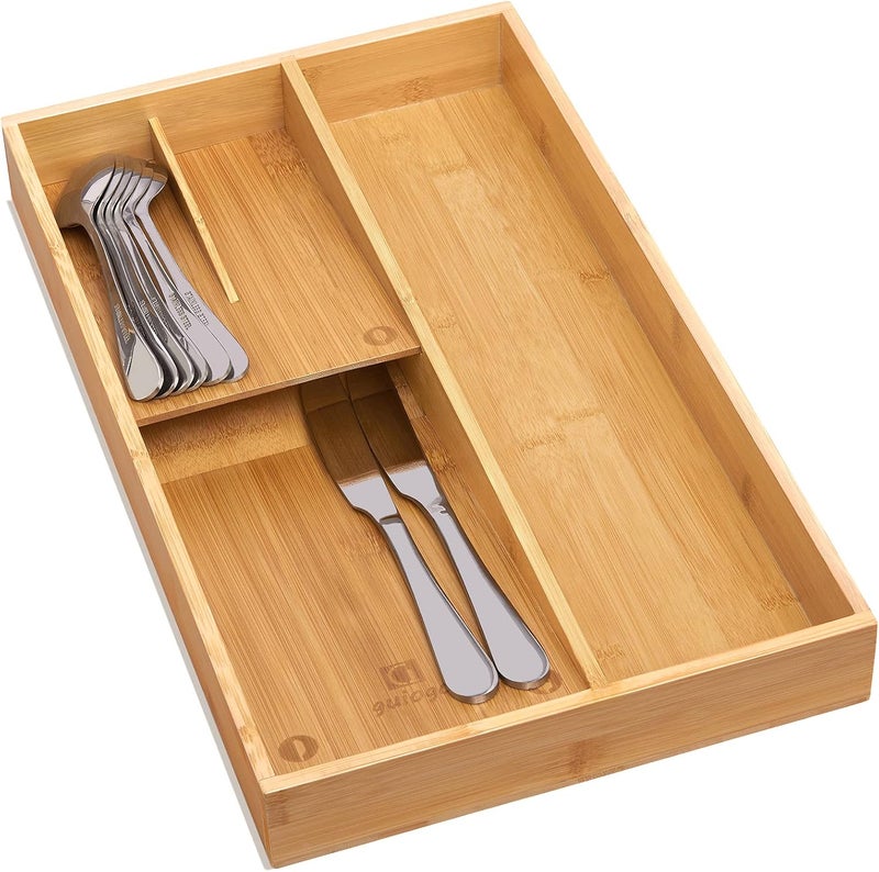 guiogc Bamboo silverware tray organizer, Utensil Holder and Cutlery Tray for Drawer, Kitchen Drawer Organizer Divider for Spoons Forks Knives - Image 1